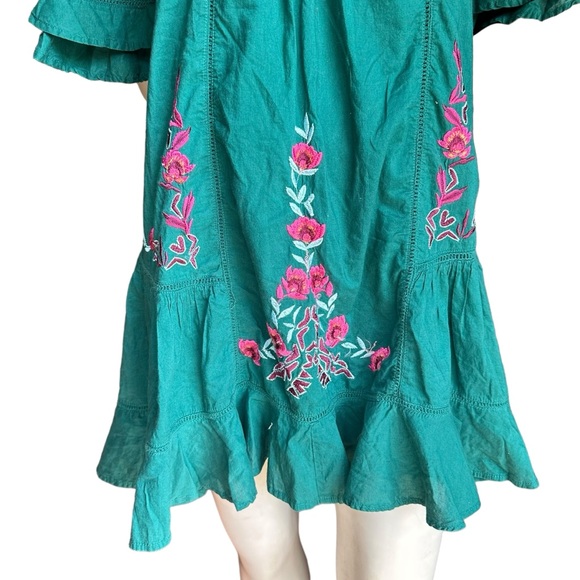 Free People Green Embroidered 3/4 Bell Sleeve Babydoll Boho Mini Dress Small - Picture 3 of 13